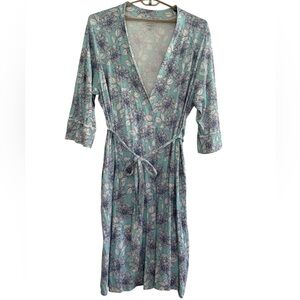 J JILL Sleep Long Floral Robe Blue White Ultrasoft Kimono Wrap Belt Tie Plus 4X